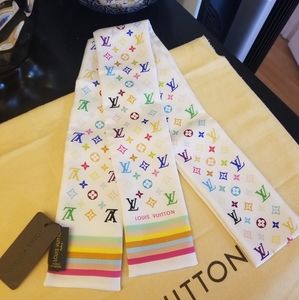 Louis Vuitton silk scarf multicolor pink white LV